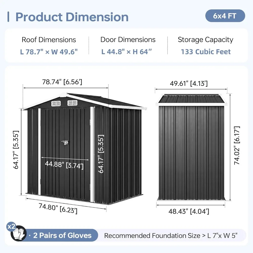 6x4FT Outdoor Storage Shed with Floor Black, Customized