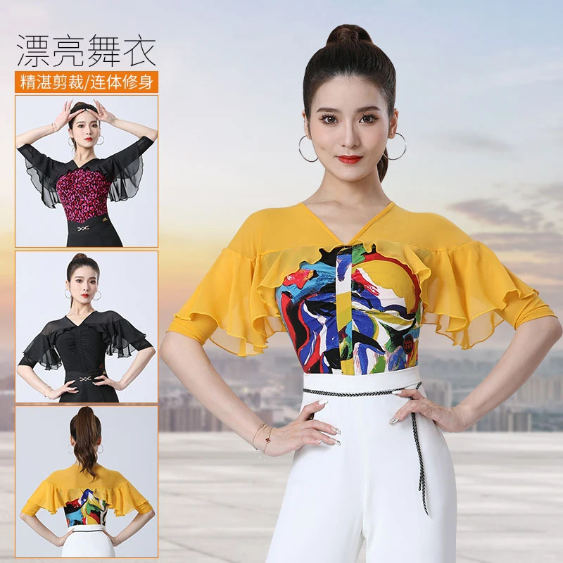 

Modern Dance Clothes Women Print Tops Half Sleeves Mesh Jumpsuit Chacha Rumba Tango Latin Ballroom Dance Costumes Wear DN20510