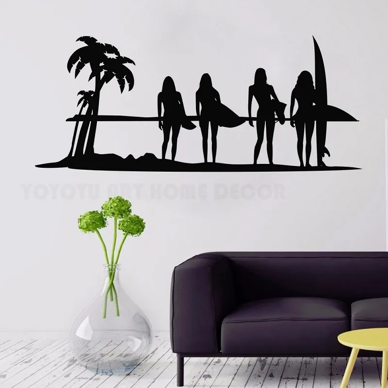 SunSet Ocean Surf Girls Wall Decal Surfing Wave Wall Sticker Sea Beach Decoration Summer Wall Decal for Surfers Vinyl Art