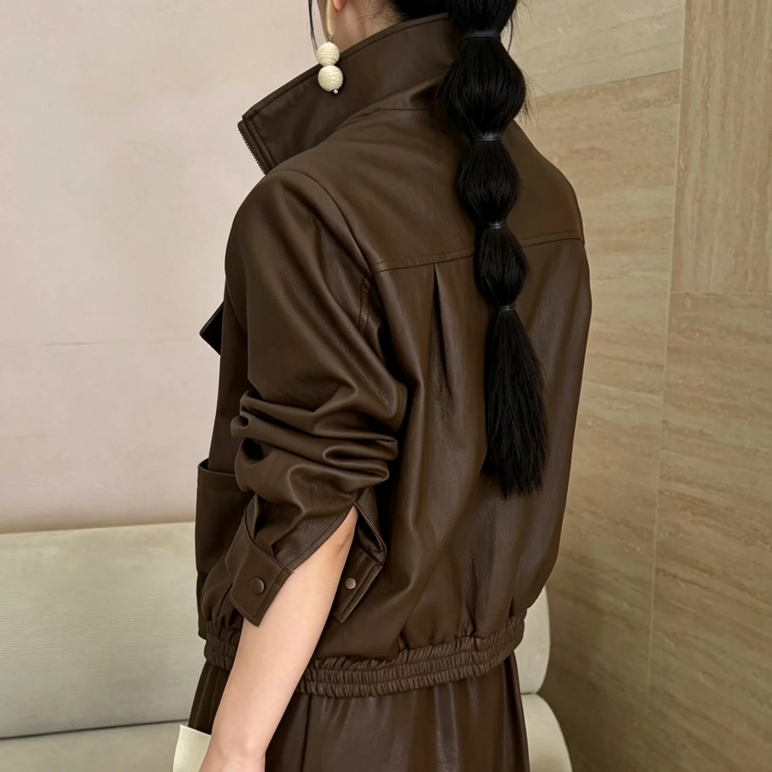 IG  2026 Women Faux Leather Jacket Stand Collar Zip Up Irregular Lapel Short Coat Casual Loose Outerwear
