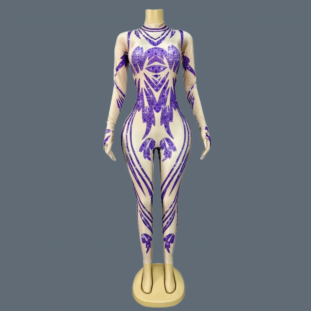 

Purple Printing Rhinestone Drag Queen Performer Wear gig Stage Dancer Tight Fitting Jumpsuit Spandex Elastic Pantyhose Zilian