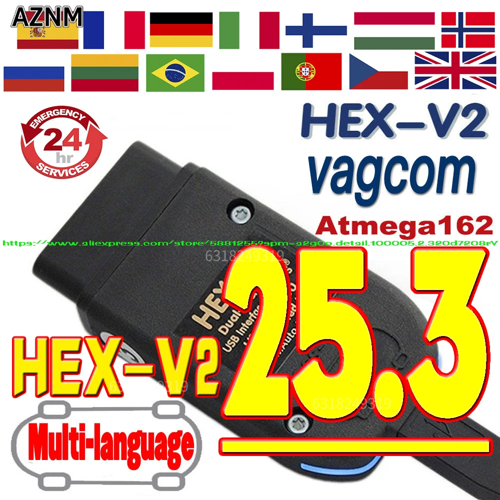 Popularny skaner VCDS VAGCOM 25.3 HEX CAN USB Obd2 z 2026 roku do VW AUDI Skoda Seat VAG, wielojęzyczny ATMEGA162 AUTOCOM VAG HEX V2 TOOL