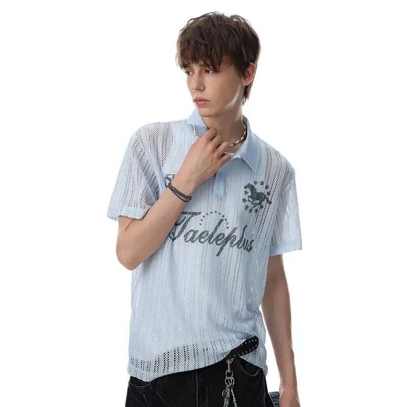LUZHEN 2026 Summer High Quality Thin Stripe Textured Letter Printed Polo Neck Short Sleeve T-shirts Men's Fashion Clothes JY7668
