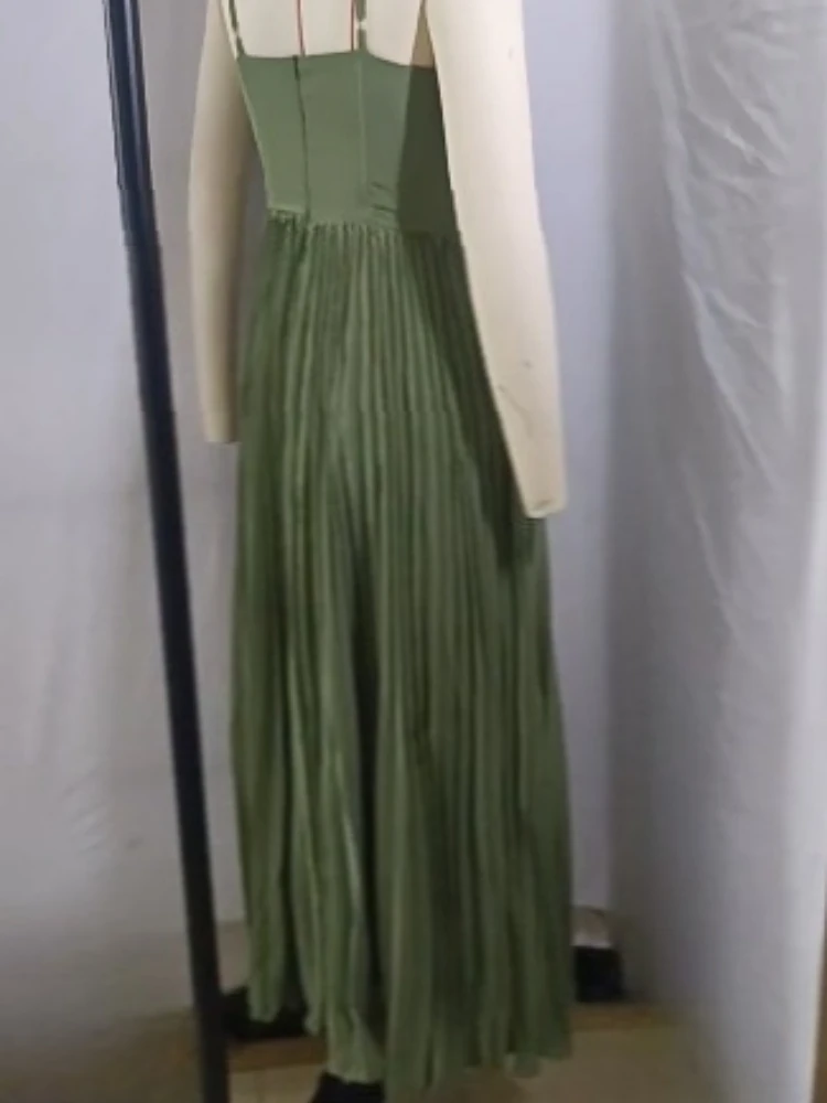 Elegant Spaghetti Straps Pleated Long Formal Evening Dress Green