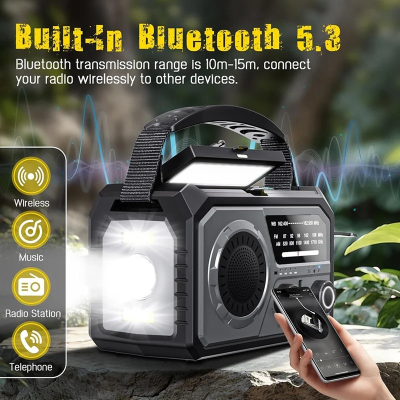 H21 Emergency Radio Bluetooth 5.3 Hand Crank Weather Radio, NOAA/AM/FM Solar Radio With SOS Alert Flashlight 16000Mah