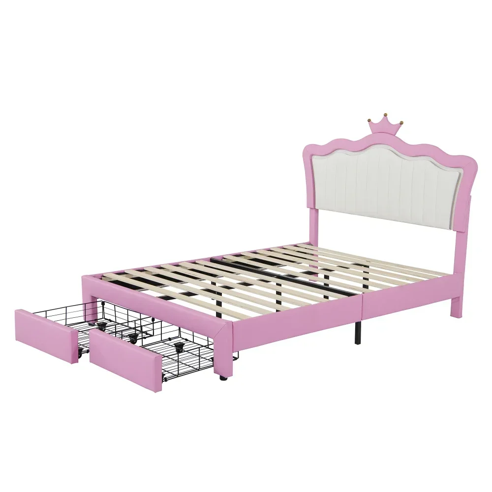 Groot gestoffeerd bedframe met LED-verlichting, modern gestoffeerd prinsessenbed met kroonhoofdeinde, 2 lades, roze stapelbed voor kinderen