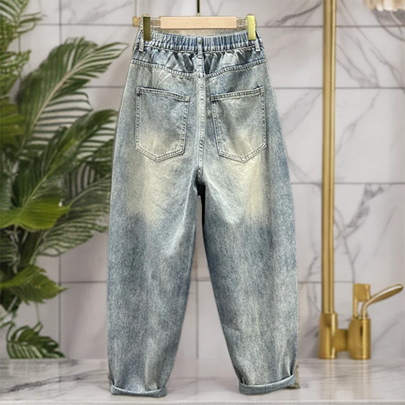 Spring New Heavy Industry Hot Diamond Embroidered Jeans Women High Waist Loose Fashionable Personalized Casual Dad's Pants