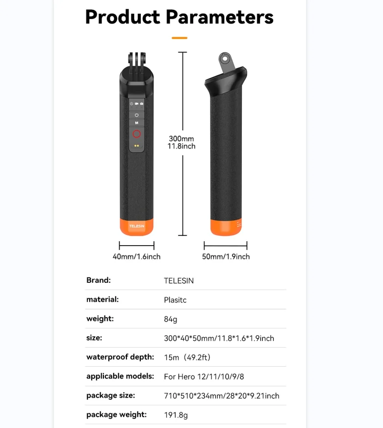 TELESIN Bluetooth Buoyancy Bar Waterproof Selfie Stick for Gopro Hero 9 10 11 12 13with Hand Strap Wireless Remote Control