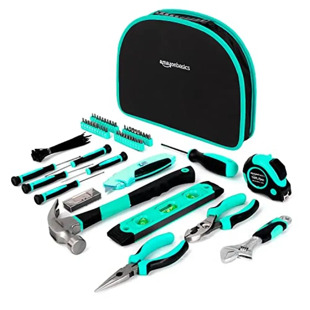 Complete 104-Piece Tool Set in Turquoise with Round Storage Case Household Repairs and DIY Tasks