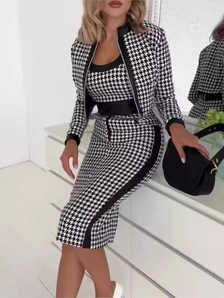 

Vintage Houndstooth Print Skirt Sets Women Slim Short Long Sleeve Coat Vest High Waist Package Hip Skirt Three Piece Set Female