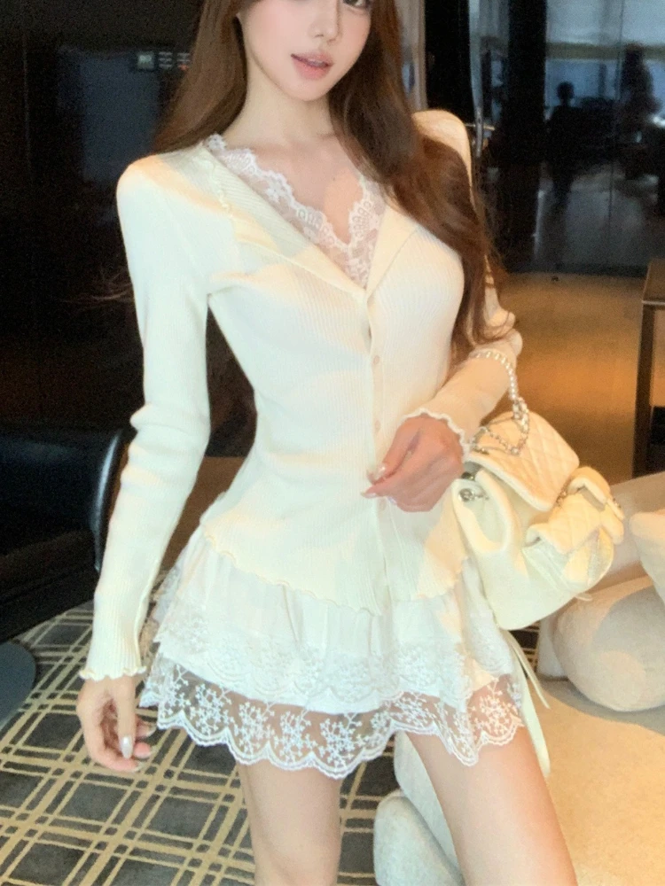 Sexy Lace Patch Knit Top And Skirt Set Women Autumn V Neck Long Sleeve Knitwear High Waist Puff Skirt Retro Chic Fashion Outfit