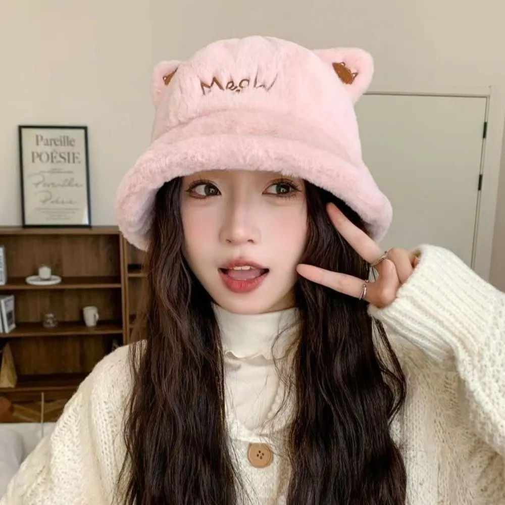 Face Slimming Cat Ear Bucket Hat Earflap Ear Protection Fuzzy Hat Warm Lining 56-58cm Head Circumference Winter Warm Hat