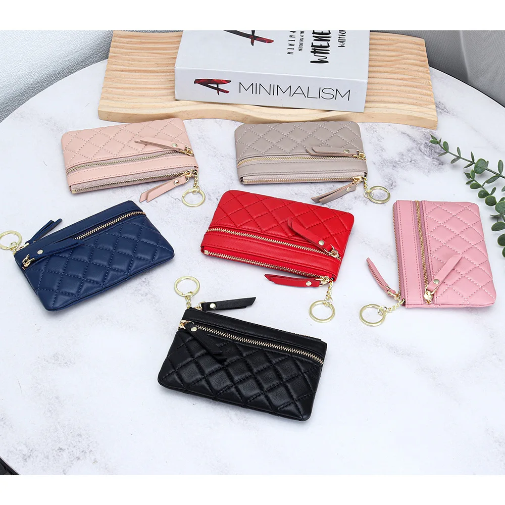 

Brand Short Purse Women Wallets Soft Genuine Leather Zipper Wallet Sheepskin Embroidered Diamond Pattern Small Coin Purses