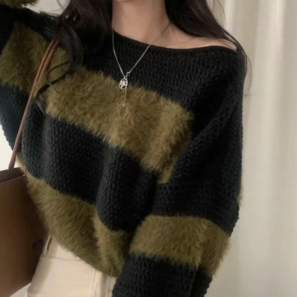 

Шикарный осенне-зимний вязаный свитер из норкового меха в стиле пэчворк, полосатая цветная блузка, теплая женская мода для поездок на работу