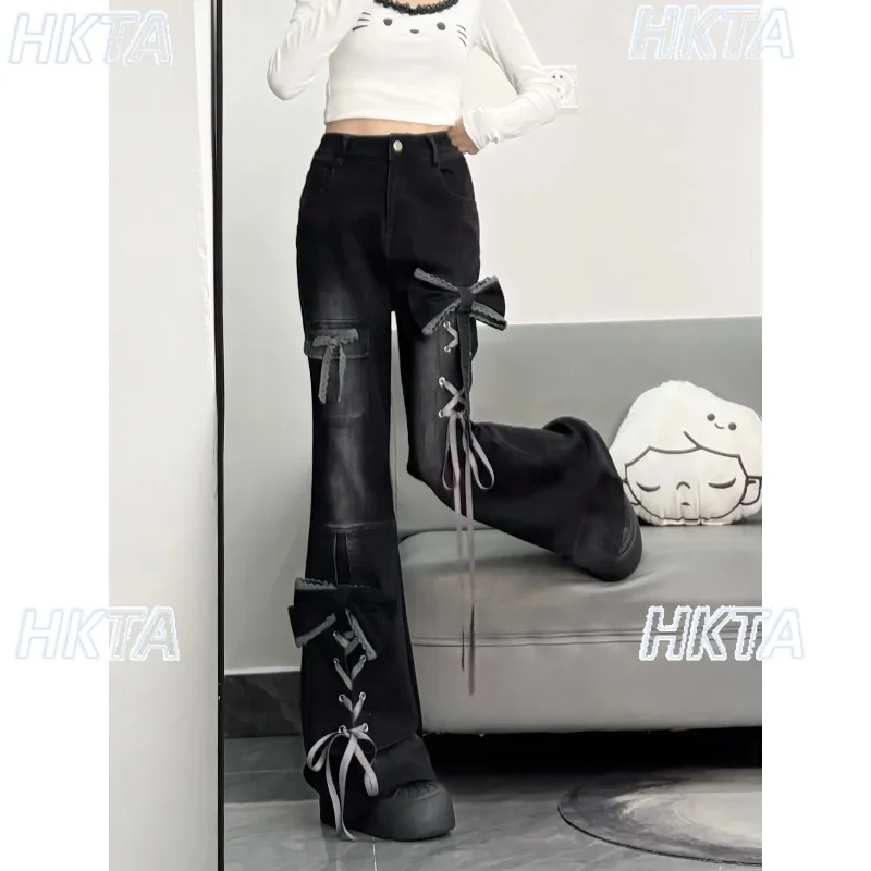 

Темные милые крутые джинсы с тонкой талией и бантом, длинные слегка затягивающиеся джинсы, брюки, женские зимние новые черные комбинезоны, джинсовые расклешенные брюки, женские