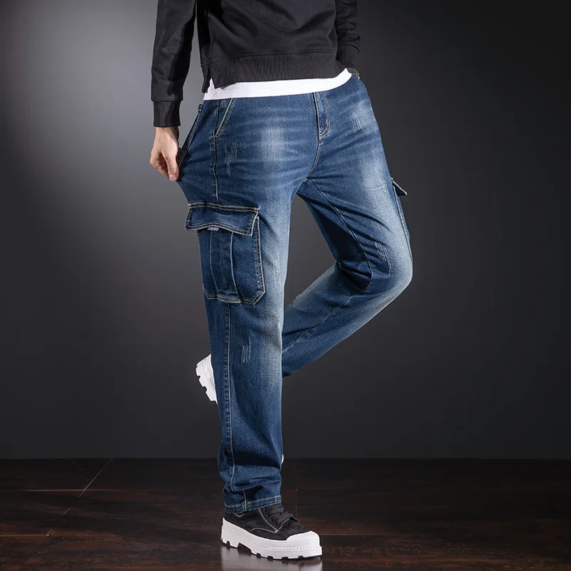 Autumn and Spring New Styles Dark Blue Multi-pocket Cargo Jeans Stretch Outdoor Casual Plus Size Men's Jeans