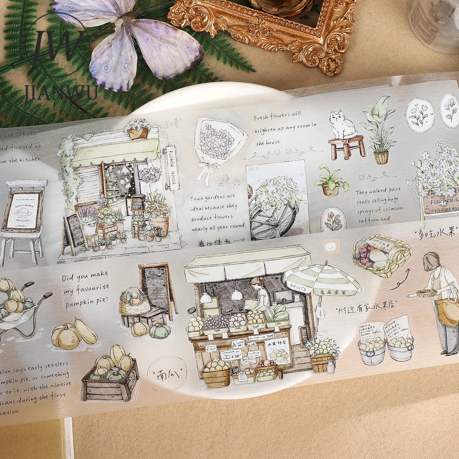 JIANWU 75mm*6m Vintage Street Store Landscape Material Collage Scrapbook PET Tape Creative DIY Journal Stationery