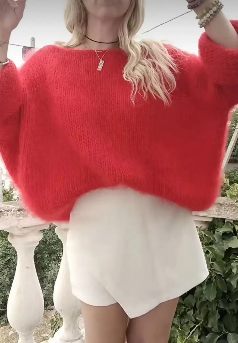 New handmade loose casual Chinese red one neck pullover sweater soft women\'s thick knitted wool single neck off shoulder mohair