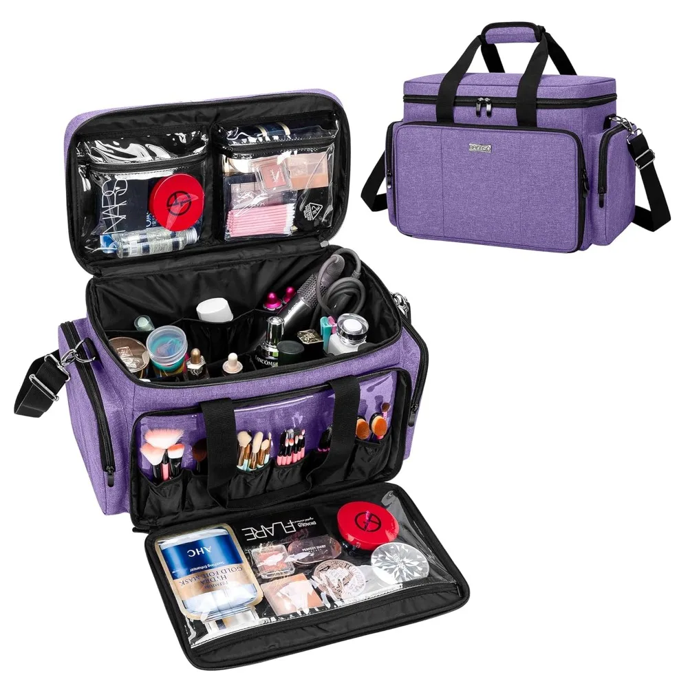 

Large Travel Makeup Bag with Removable Dividers, Cosmetic Organizer for Hair Supplies, Purple