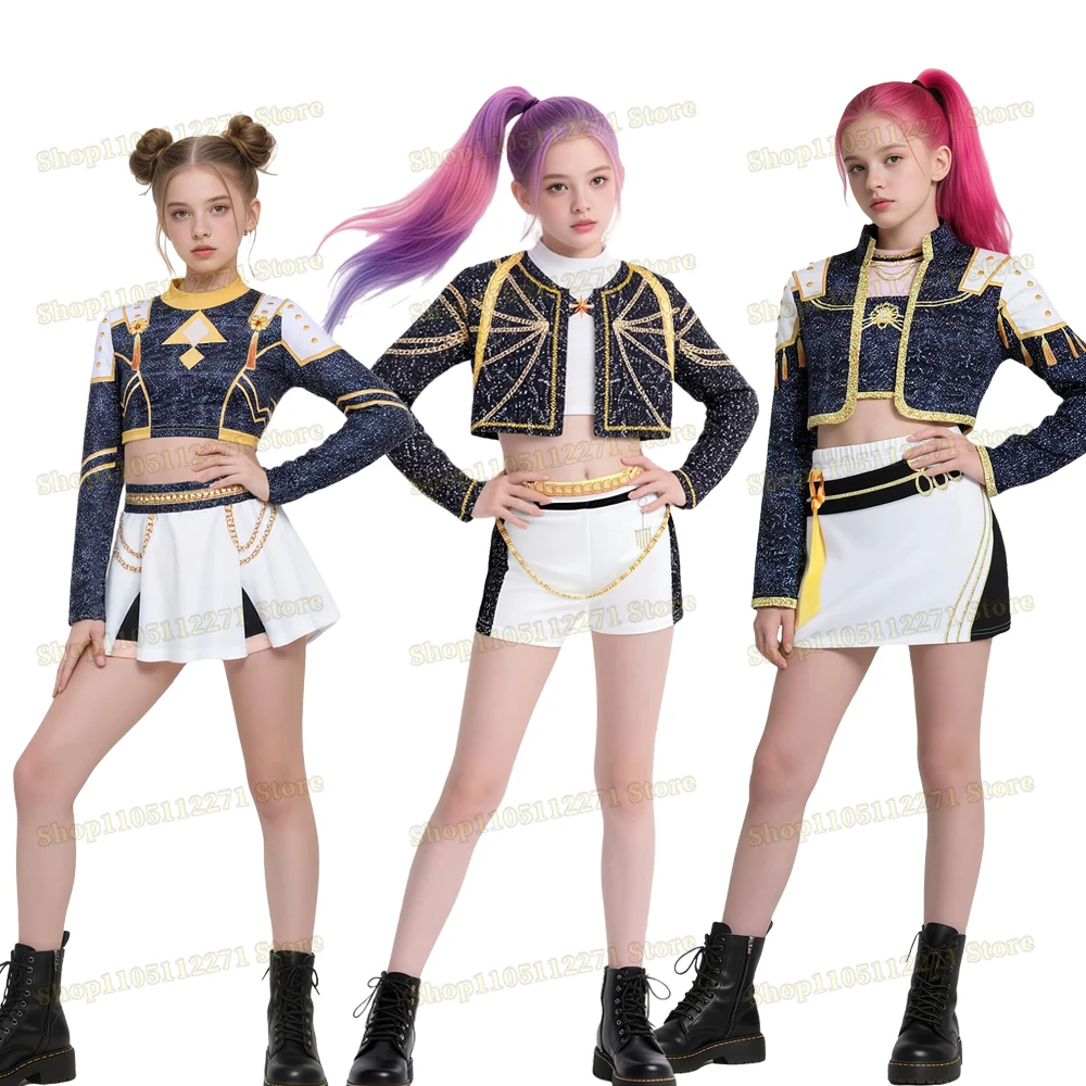 Руми Kpop демон косплей костюм охотника золотой От 3 до 14 лет танцевальный наряд певицы для девочек с золотым принтом для костюмов на Хэллоуин Руми Kpop демон косплей костюм охотника золотой От 3 до 14 лет танцевальный наряд певицы для девочек с золотым принтом для костюмов на Хэллоуин