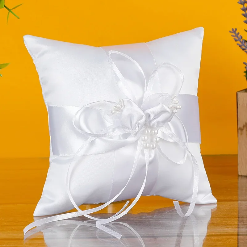 1PC White Bud Wedding Bridal Ring Pillow Wedding Supplies Square Bow Ring Pillow image 2