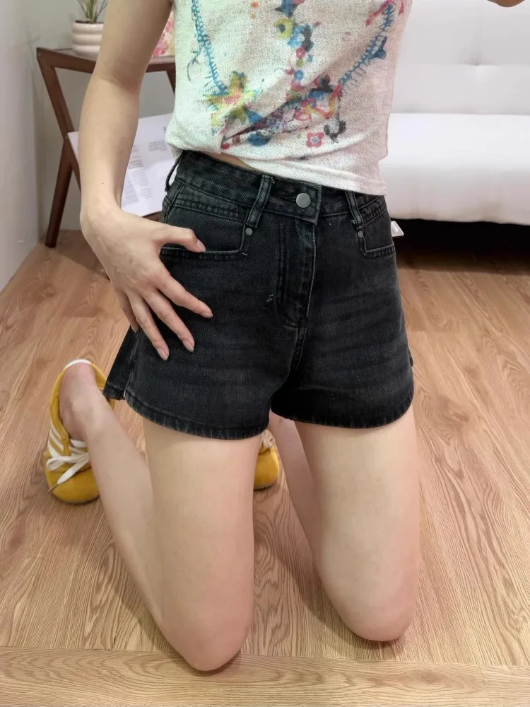 Retro A-Line Denim Shorts for Women Loose Slimming Summer New Style Side Split Casual Low Waist Wide Leg Jeans Short Pants