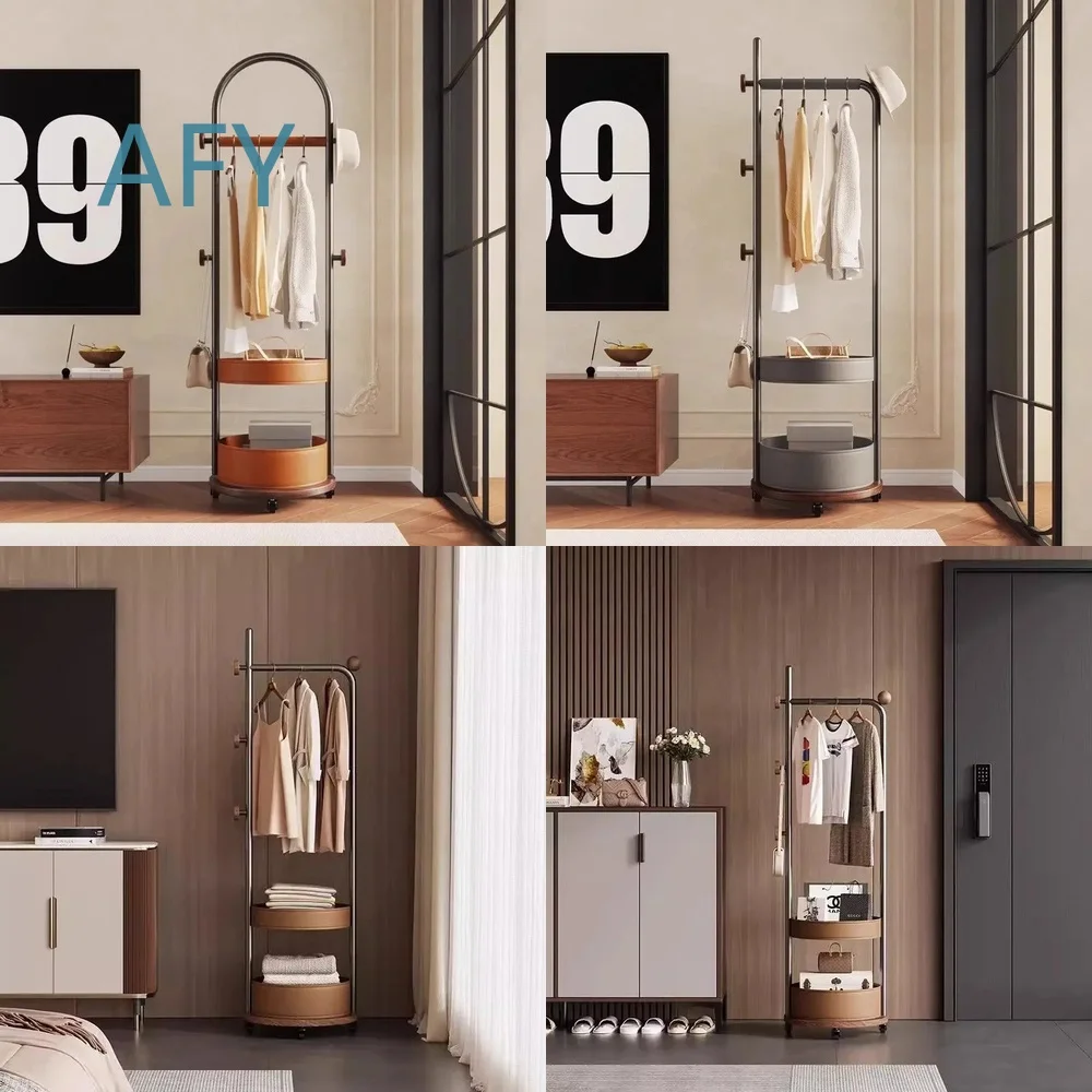 Light Luxury Floor Standing Coat Rack for Home Bedroom Living Room Storage Saddle Leather Hanging Hanger Mobile Clothes