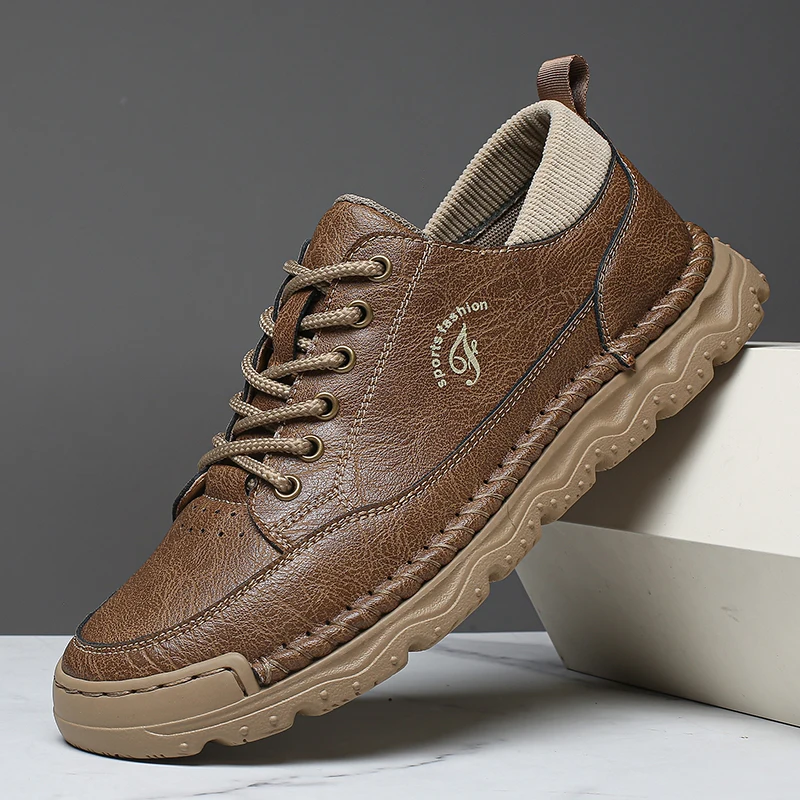 

2025 Новая уличная универсальная удобная спортивная повседневная кожаная обувь на шнуровке, модная мужская дышащая повседневная кожаная обувь