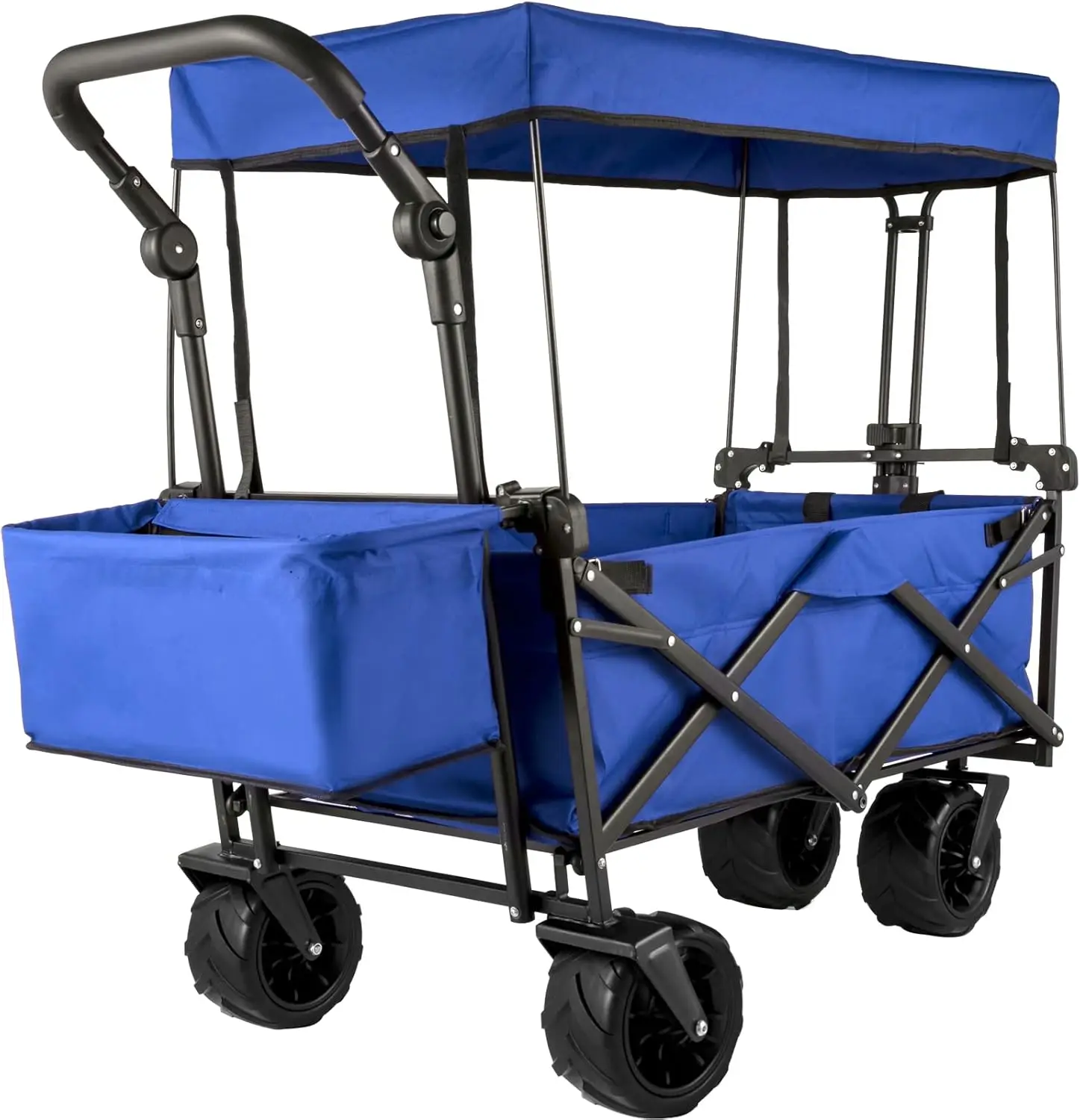 Collapsible Wagon with Removable Canopy, 220lbs Heavy Duty Foldable Beach Wagon with Big Wheels, Folding Wagon Stroller, Blue