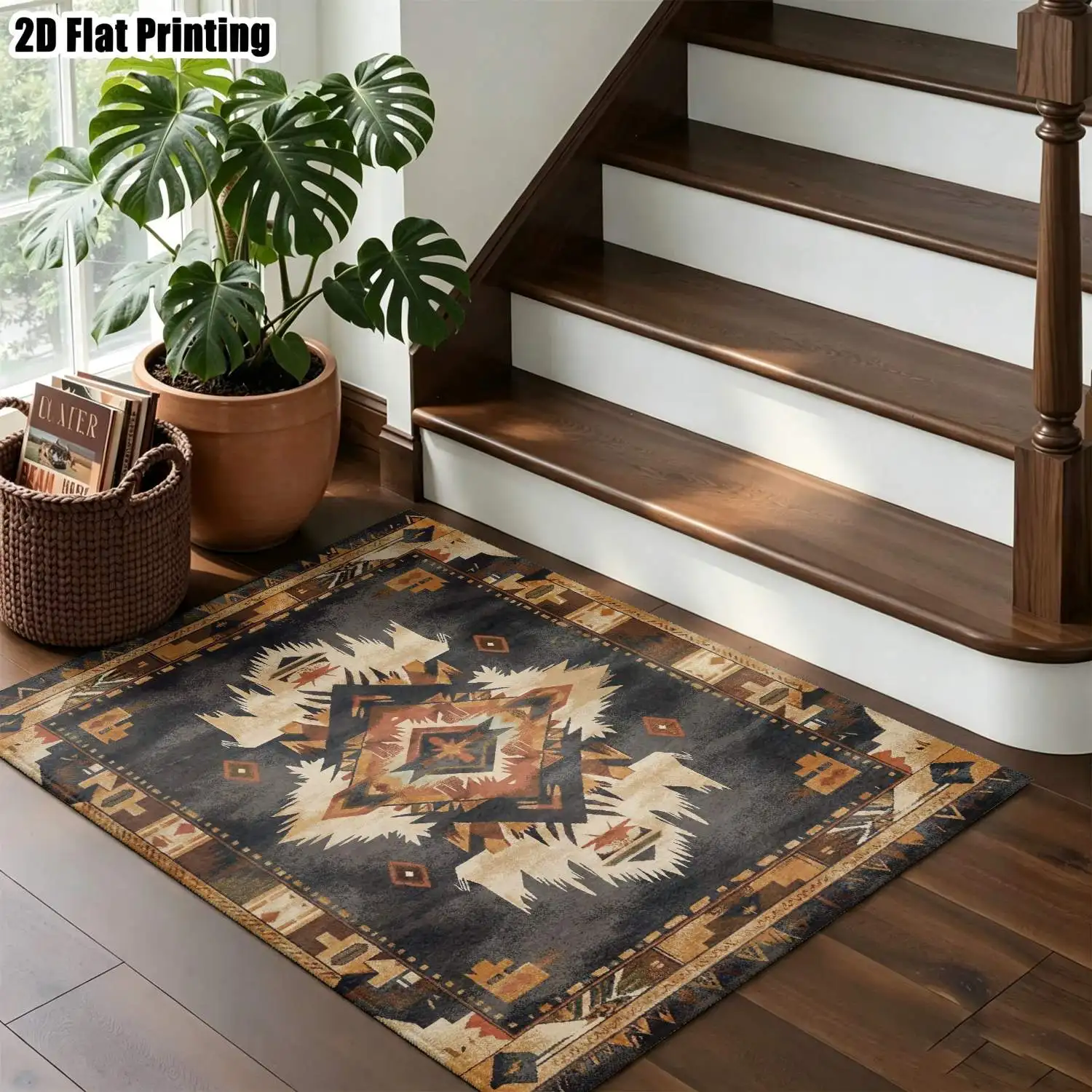 1Pc 2D Printed Retro Geometric Bohemian European-Style Carpet, Home Decor, Multi-Size, Machine-Washable, for Living Room Bedroom Dining Room Entrance Study