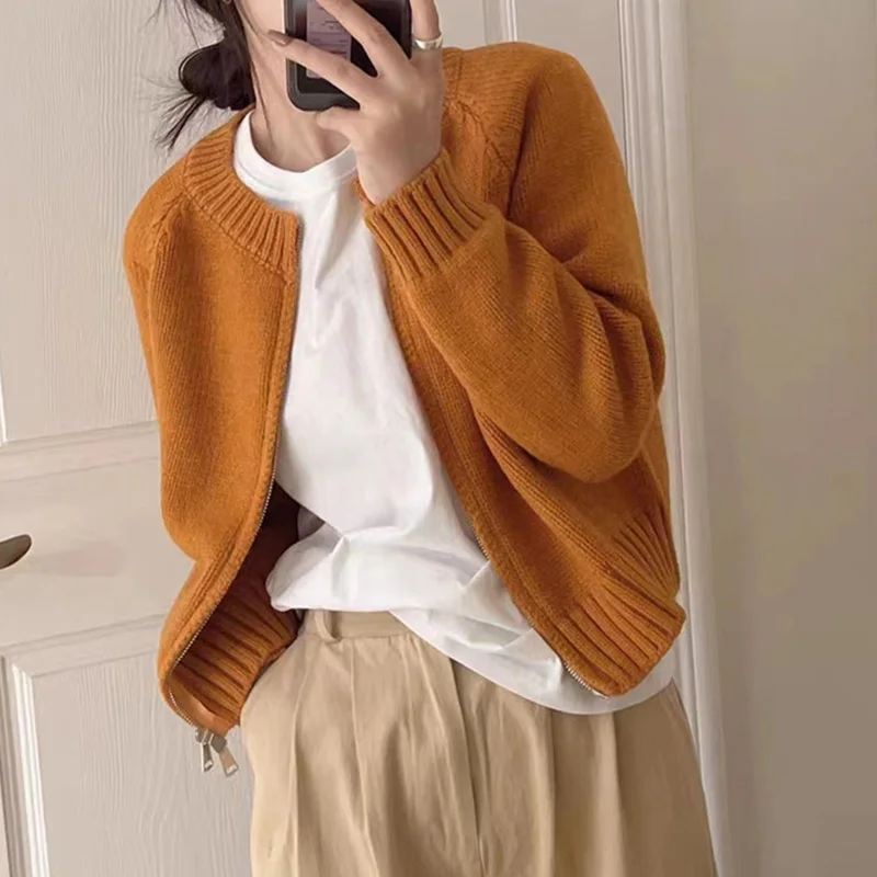 Grijze vesten met rits voor dames herfst winter ronde hals gebreide trui jassen vrouw effen crop vesten met lange mouwen vrouwelijk