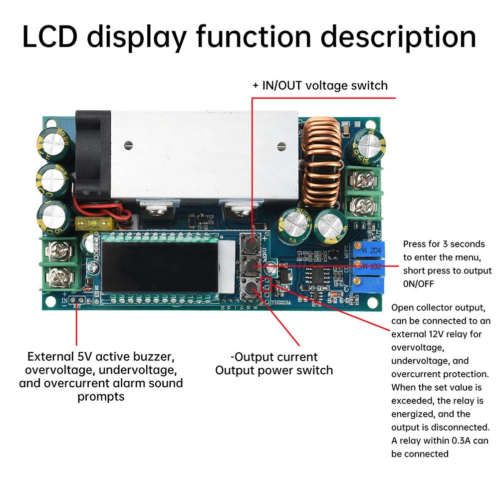 Módulo step-down ajustável dc 10-75v 20a, carregamento solar mppt, tensão constante e módulo de carregamento de corrente constante com display