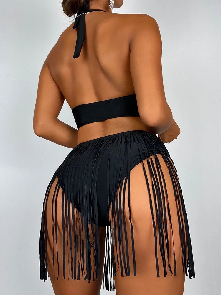 Swimwear Women Solid Black Bodysuit 2022 Fringed Monokini Halter One Piece Swimsuit Backless Bathing Suit Brazilian Beach Wear