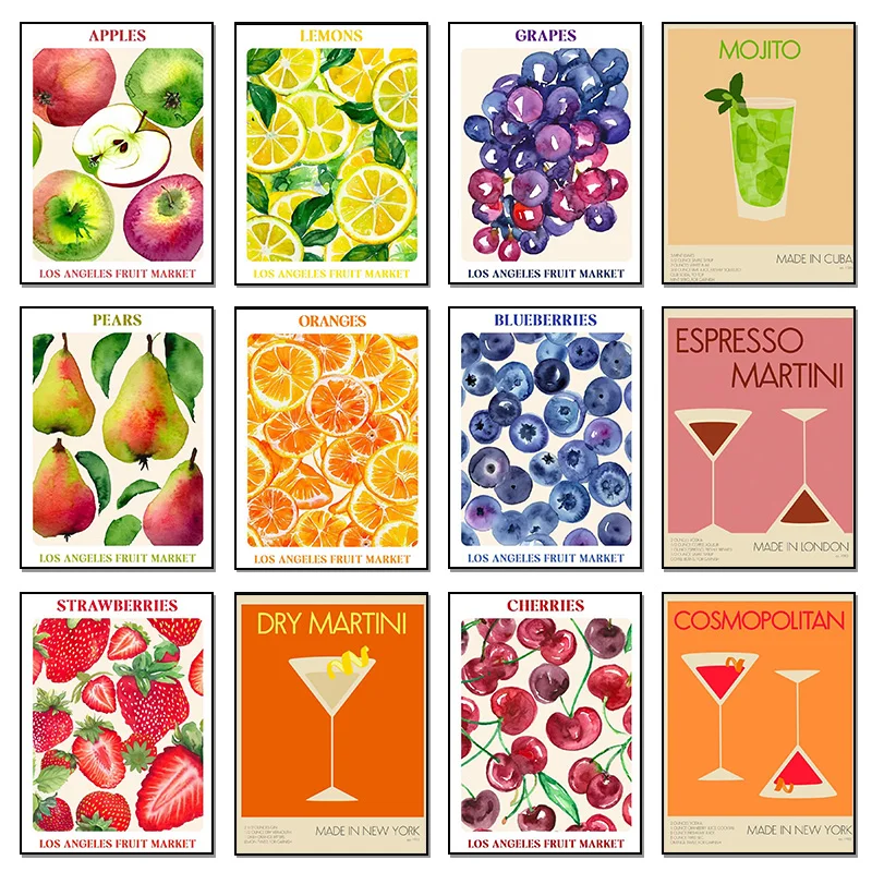 Fruit Cherrie Strawberrie Drink Negroni Lemon Grape Cocktail Poster Print Wall Art Pictures Canvas Painting Room Home Decor G
