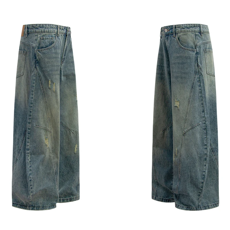 New Mens Jeans American Vintage Y2k Streetwear Washed Distressed Baggy Jeans Couple Casual Full Length Trousers Blue Denim Pants