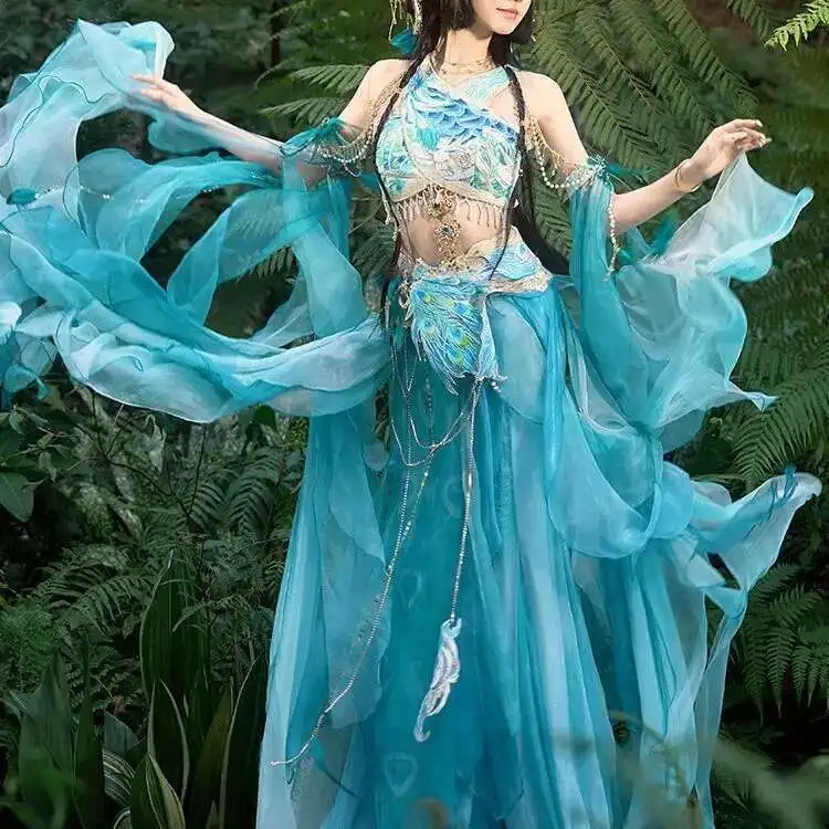 Chinese Elements Fairy Cosplay Costume Hanfu Female Exotic Dancewear Peacock Blue Dress Exotic Mermaid Princess Embroidery Dress - view 2