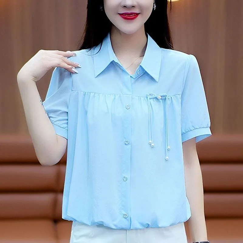 2024 Summer New Solid Color POLO Collar Bow Button Casual Loose Fashion Versatile Short Sleeve Commuter Age Reducing Shirt Top