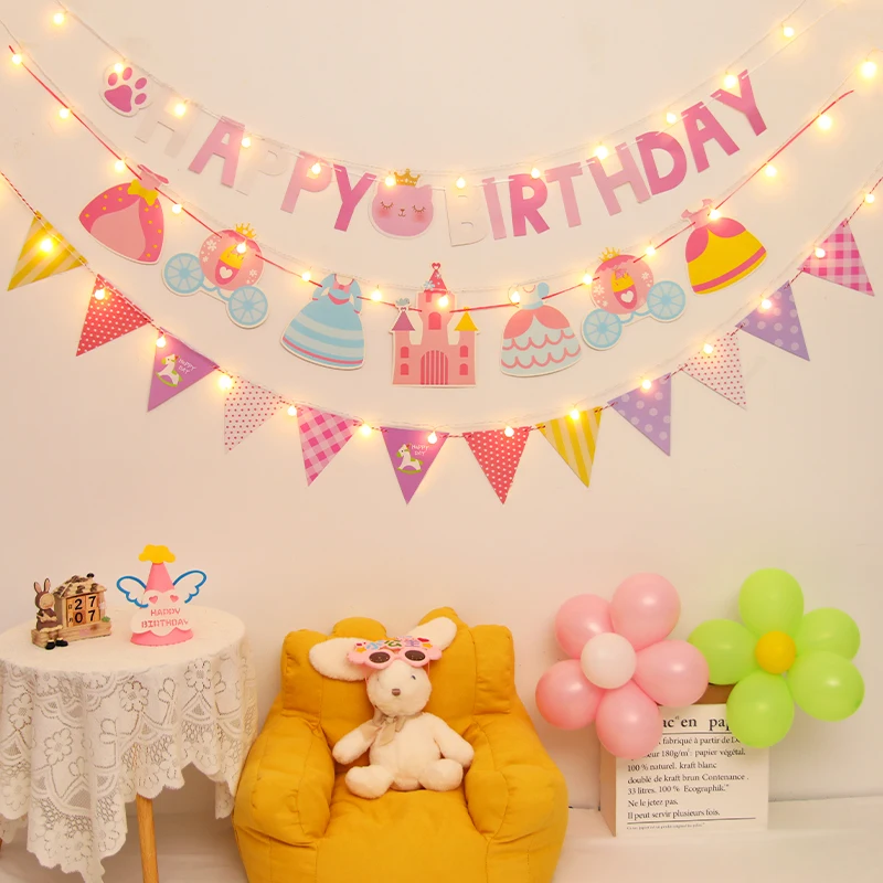 Flashing LED Happy Birthday Falgs Paper Bunting Garland Banners for Kids, Baby Shower Decorations, Party Supplies, 1Set