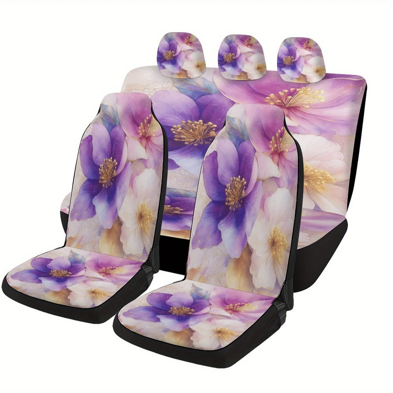 Set Of Car Seat Covers Featuring A Floral Bouquet Design, Suitable For A Variety Of Vehicles. Stylish And Unique, This Complete