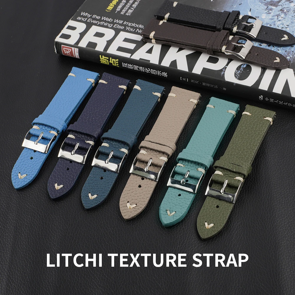 

Vintage Lychee Pattern Leather Watchband 16mm 18mm 19mm 20mm 21mm 22mm Watch Starp Replacement Wristband Handmade Stitching Band