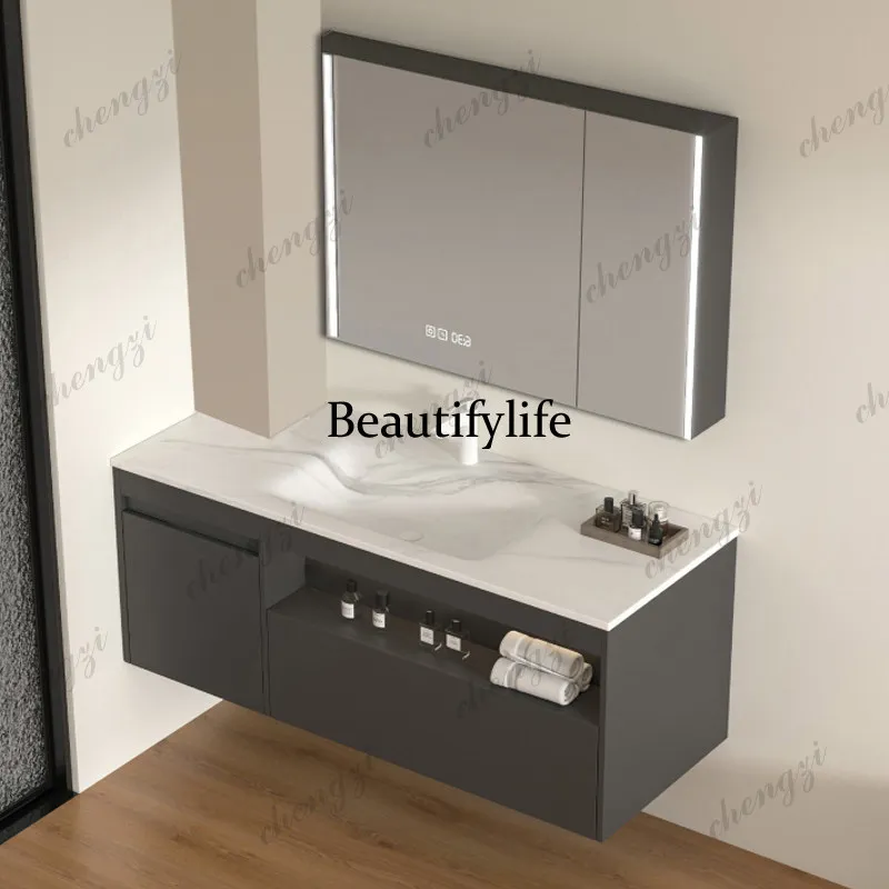 Cream wind custom small apartment bathroom bathroom cabinet combination rock slab hot bending integrated basin washbasin cabinet