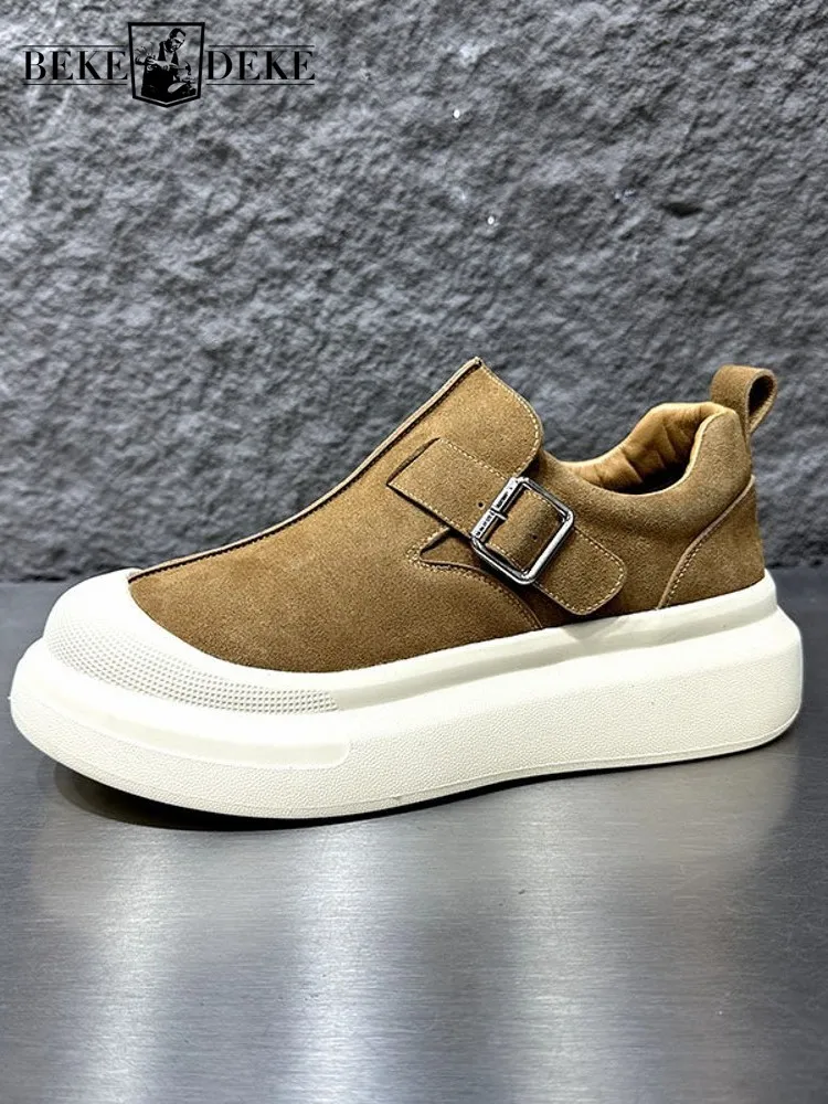 Mens Casual Slip On Suede Leather Shoes Buckle Thick Platform Skateboard Shoes Round Toe Low Cut Spring Footwear Light Weight