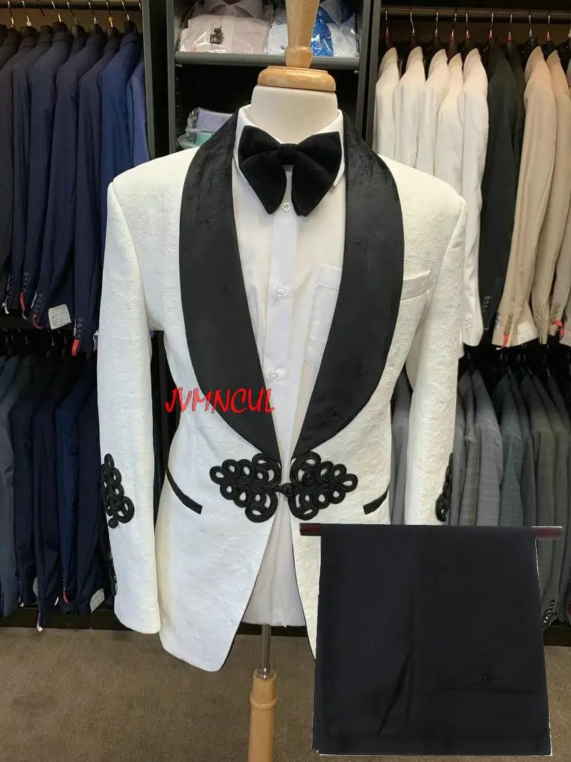 

Fashion White Jacquard Black Shawl Lapel Costume Homme Men Suits Wedding Groom Tuxedo Terno Masculino Slim Fit Blazer 2 Pieces