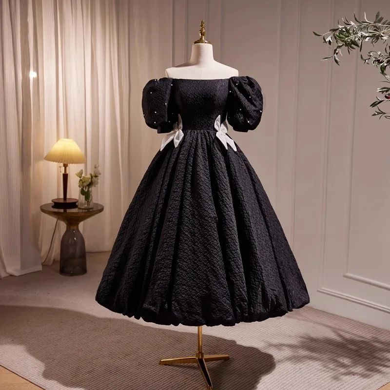 2024 Child Vintage Black Girl Princess Long Dress Luxury Kid Evening Dresses Elegant Off Shoulder Youth Girls High-End Ball Gown