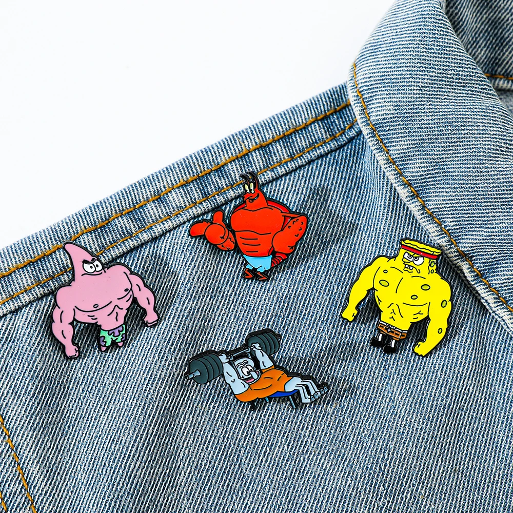4 Uds broche de dibujos animados Muscle Patrick Star Larry el langosta esmalte Pin mochila ropa joyería placa de Metal accesorios regalos