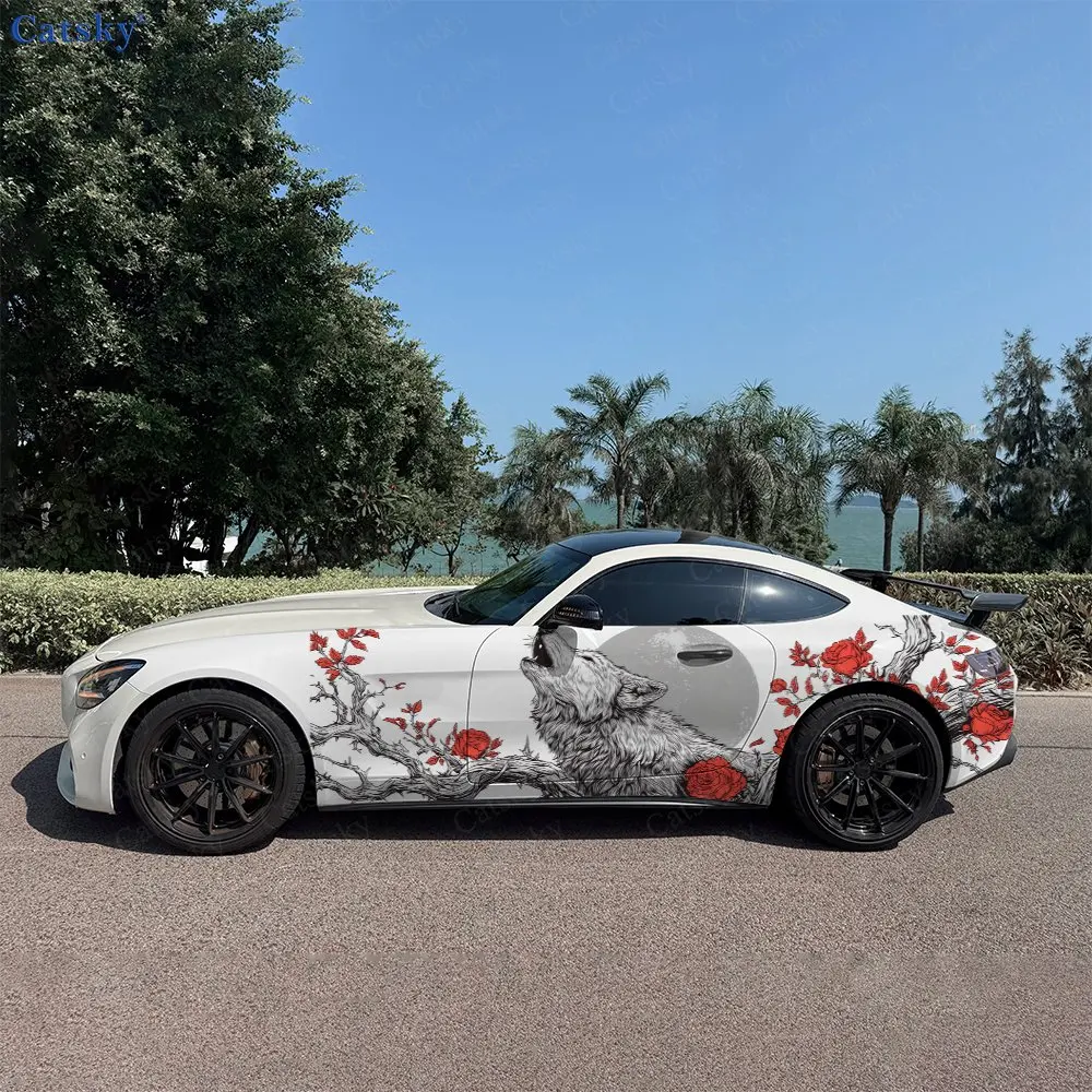 2pcs Sketch Wolf & Red Rose Car Side Wraps, Self-Adhesive PVC Waterproof & Scratch-Resistant Stickers, Car Accessory Gift