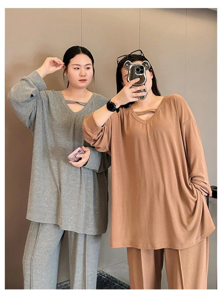 

150KG Extra Large Size Loose Pajamas Women Solid Long-sleeved V-neck Two-piece Set Spring Casual Loungewear Can Be Worn Outside