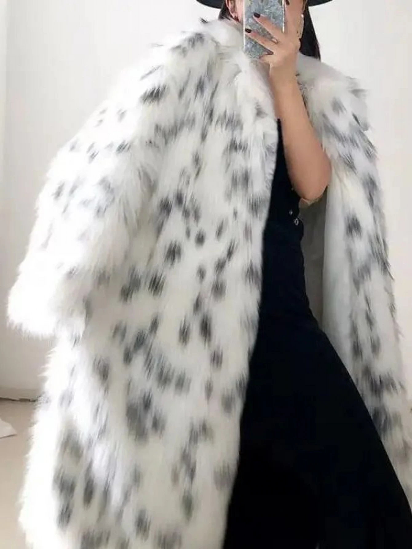 Faux Fur Coat Women's Long Autumn-Winter Fashion Casual Comfort Warm White Leopard Print Long Sleeve Lapel Fox Fur Coat