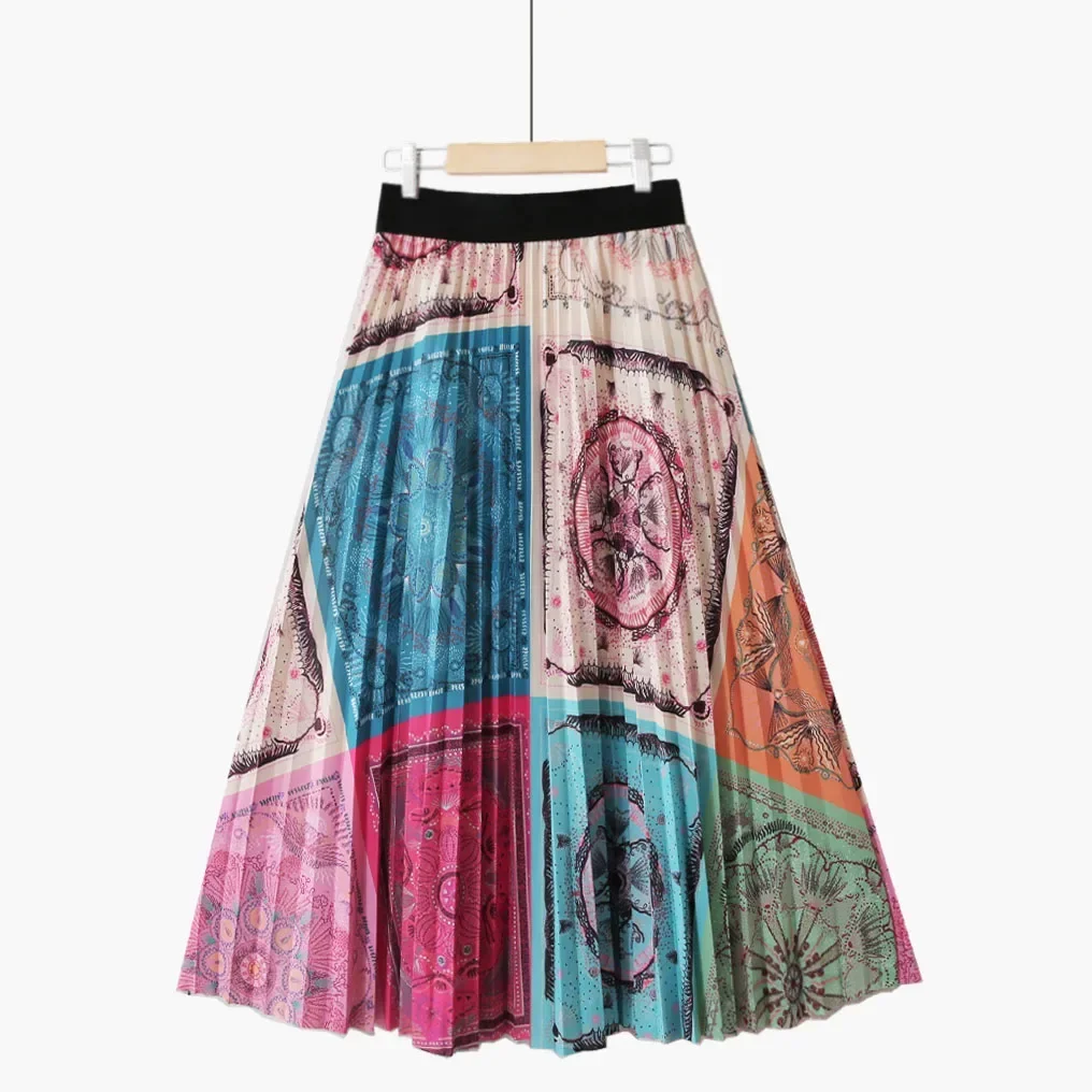 

Spring Korean Retro Printed A-line Pleated Skirts Striped Color Block Print Drape Calf Long Skirts