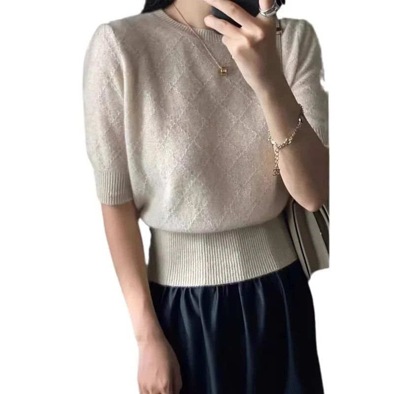 Temperament  wind round neck hollow short cashmere knit short sleeve women spring and summer new loose thin wool half sleeve